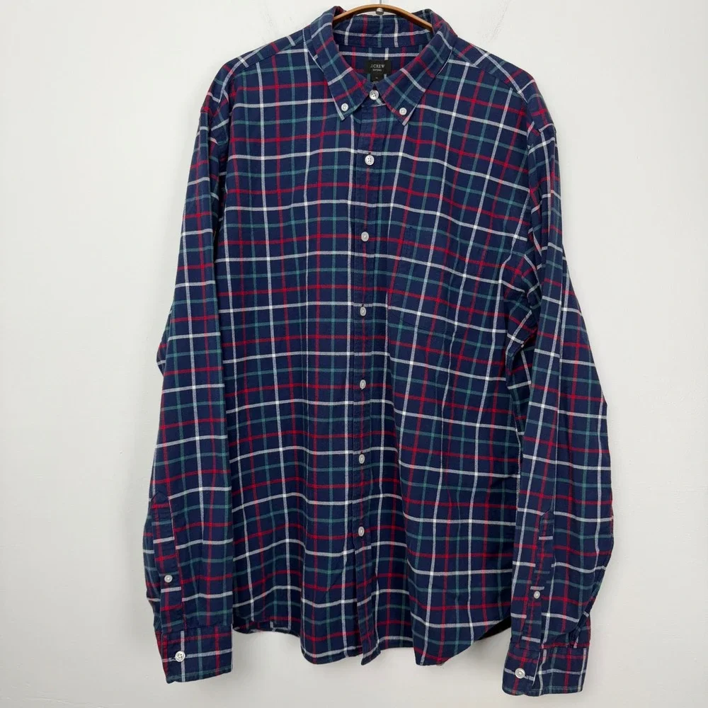 J.Crew Mens XL Oxford Button Down Shirt Plaid Navy Blue Red Green Cotton 22126